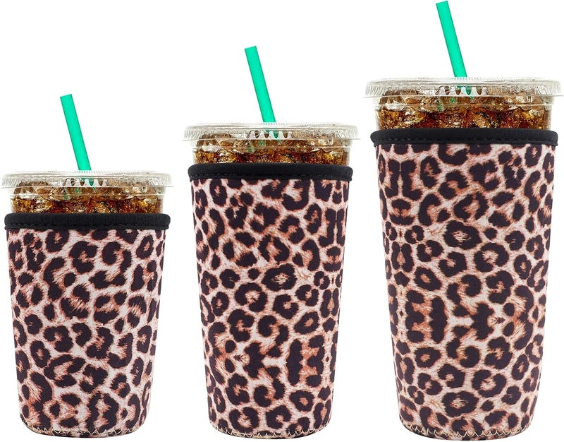 YR Reusable Neoprene Insulator Sleeve for Iced Coffee Cups, 3 Pack Coffee Coolies sleeves for Iced & Hot Drinks, Cold Beverage Cooler Compatible with Starbucks Coffee and More (Leopard) - Image 1